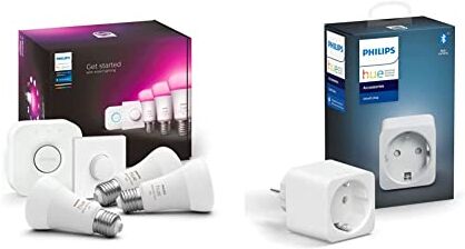 Philips Hue Lampadina Smart LED, White & Color Ambiance, Starter Kit 3 Lampadine, E27 Hue Smart Plug Presa Intelligente, Controllo Tramite Bluetooth, Compatibile con Alexa, Bianco, 1 Pack