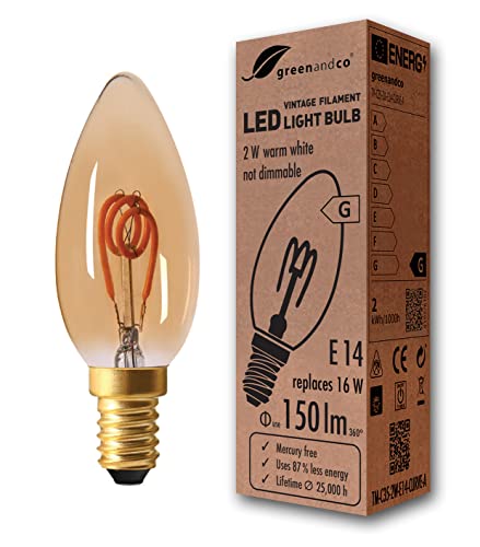 greenandco Lampadina a filamento LED ® Vintage E14 C35 2W (equivalente a 16W) 150lm 2000K (bianco caldo) 360° 230V AC Vetro, non dimmerabile
