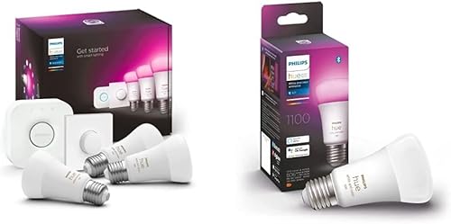 Philips Hue White & Col. Amb. E27 Set di 3 starter con Smart Button 3 x 800 lm, 75 W + Hue White & Col. Amb. E27 Confezione singola 800lm 75W