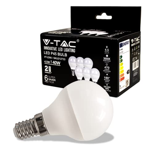 V-TAC Lampadina LED con Attacco E14 4,5W P45 470 Lumen Lampadina LED Massima Efficienza e Risparmio Energetico Luce 3000K Bianca Calda (Box 6 Pezzi)