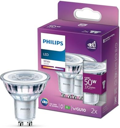 Philips LED Classic, confezione da 2 [GU10 Spot] 4,6 W 50 W equivalente, 220-240 V, bianco 3000 K (non dimmerabile)