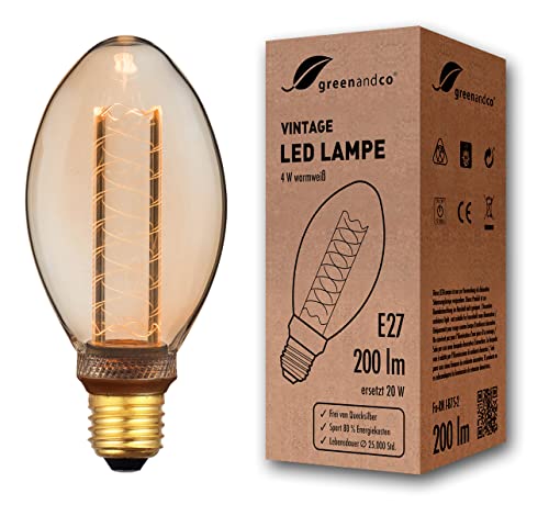 greenandco ® lampadina a LED di design vintage in stile retrò E27 B75 4W 200lm 1800K 320° 230V, ambra, nessun sfarfallio, non dimmerabile