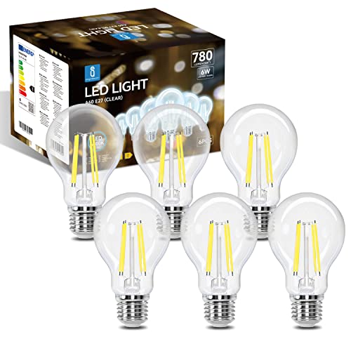 Aigostar Lampadina Vintage Edison LED E27 6W Equivalenti a 58W, Luce Bianca 6500K, 780Lm, CRI＞80, A60 Stile Vintage Lampadine Decorativo, Non Dimmerabile, Pacco da 6 Pezzi
