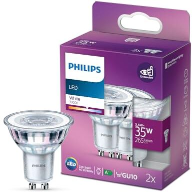 Philips LED Faretto, 2 Pezzi, Equivalente a 35W, Attacco GU10, Luce Bianca, non Dimmerabile