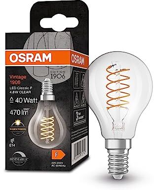 OSRAM Lampada LED Vintage 1906 Classic P FIL, E14, sfera, trasparente, 4.8 W, 470lm, 2700K, luce bianca calda, dimmerabile, filamento ultra sottile, basso consumo energetico, lunga durata