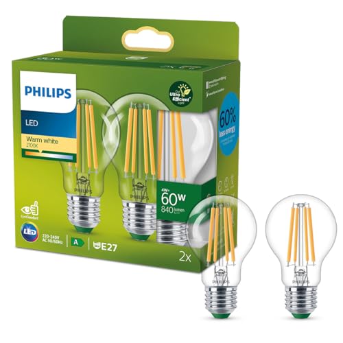 Philips LED Lampadina a Goccia Classe A Efficent, 2 Pezzi, 60W, E27, Luce Bianca Calda