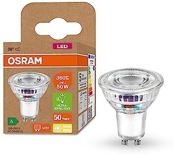 OSRAM Lampada riflettore PAR16 efficienza energetica Classe B, base GU10, sostituzione 50W, potenza nominale 2W, 2700K, bianco caldo, vetro trasparente, conf. da 6