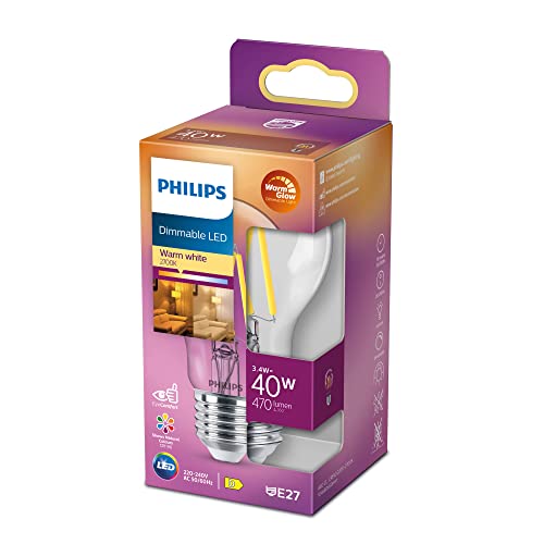 Philips LED Lampadina, Goccia, Filamento, WarmGlow, 3.4-40W, Dimmerabile, E27, 1 Pezzo