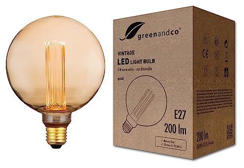 greenandco ® lampadina a LED di design vintage in stile retrò E27 G125 4W 200lm 1800K 320° 230V, ambra, nessun sfarfallio, non dimmerabile