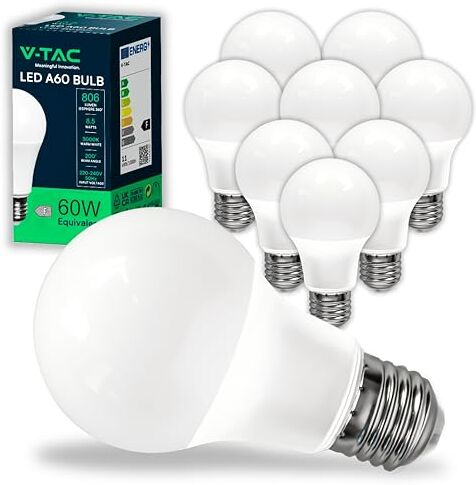 V-TAC 10x Lampadine LED con Attacco E27 8,5W (Equivalenti a 60W) A60 Nuova Generazione 806 Lumen Massima Efficienza e Risparmio Energetico 3000K Luce Bianca Calda