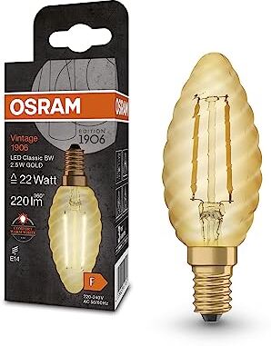 OSRAM Lampada LED Vintage 1906 Classic BW FIL, E14, tortiglione, oro, 2.5W, 220lm, 2400K, luce bianca molto calda, filamento magnetico, basso consumo energetico, lunga durata