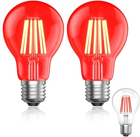 Bonlux 2 lampadine LED rosse da 6 W, E27 A60 Lampadina LED decorativa a filamento di vetro effetto bagliore rosso, Sostituzione a incandescenza da 60 W, Adatto per illuminazione ambientale