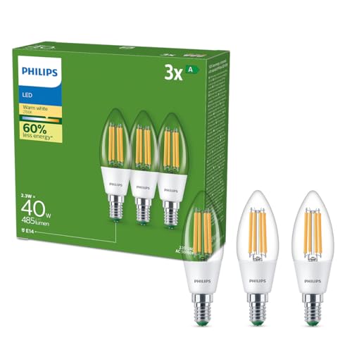 Philips LED Lampadina Candela a Filamento Classe A Ultra Efficiente, 3 Pezzi, 40W, E14, Luce Bianca Calda