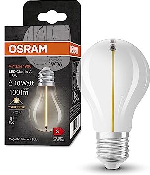 OSRAM Lampada LED Vintage 1906 Classic A FIL, E27, goccia, trasparente, 1.8W, 100lm, 2700K, luce bianca calda, filamento magnetico, basso consumo energetico, lunga durata