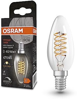 OSRAM Lampada LED Vintage 1906 Classic B FIL, E14, candela, trasparente, 4.8W, 470lm, 2700K, luce bianca calda, dimmerabile, filamento ultra sottile, basso consumo energetico, lunga durata