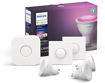 Philips White and Color Ambiance Faretti Smart Led, Bluetooth, Dimmerabili, GU10, 6W, 2 Pezzi, Smart Button Incluso