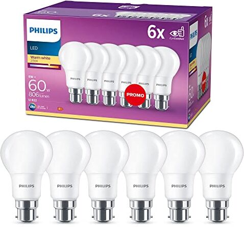 Philips LED Lampadina LED Goccia, 6 pz, equivalente a 60W, Attacco E22, Luce Bianca Calda, Non dimmerabile B22, 8 W, unità