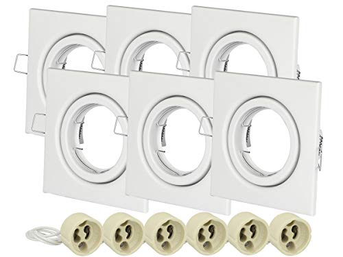 LEDLUX 6 Pezzi Porta Faretti da Incasso Orientabile 30°, Portafaretto GU10 Incasso Con Molla, 6 Portalampade GU10 Inclusi (Quadrato, Bianco)