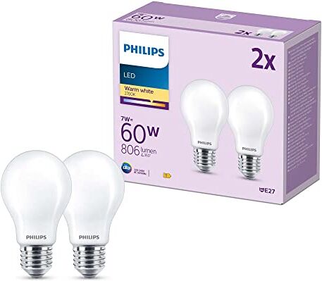 Philips LED Lampadina LED, Luce Bianca Calda, 60W, E27, 2 Pezzi