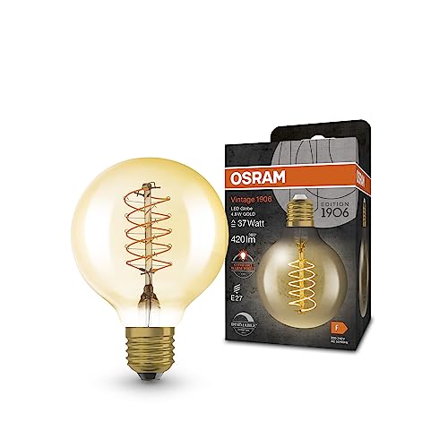 OSRAM Lampada a LED Vintage 1906 tinta dorata, 4.8 W, 420lm, forma a sfera presa da 80 mm di diametro e E27, bianca calda, filamento a spirale, dimmerabile, fino a 15.000 ore di durata della vita
