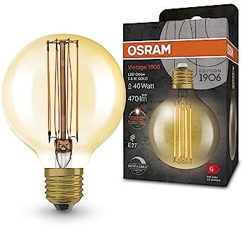 OSRAM Lampada a LED Vintage 1906 tinta dorata, 5.8 W, 470lm, a forma di sfera presa da 80 mm di diametro e E27, bianca calda, filamento dritto, dimmerabile, fino a 15.000 ore di vita