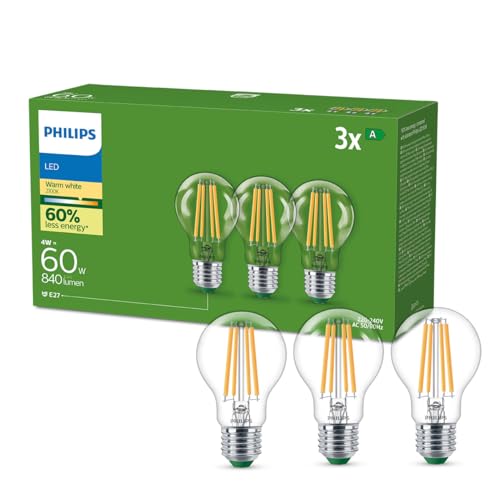 Philips LED Lampadina Goccia a Filamento Classe A Ultra Efficiente, 3 Pezzi, 60W, E27, Luce Bianca Calda