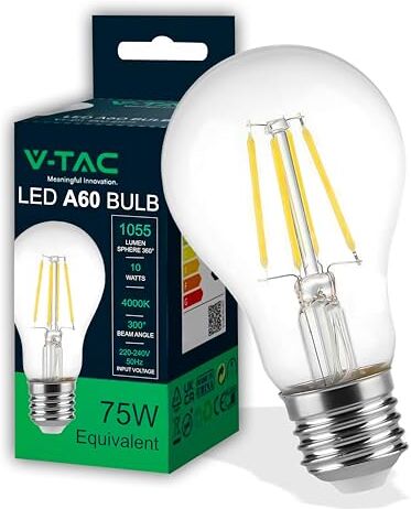 V-TAC Lampadina LED a Filamento con Attacco E27 10W (Equivalenti a 75W) A60-1055 Lumen Lampadine LED Massima Efficienza e Risparmio Energetico 4000K Luce Bianca Naturale