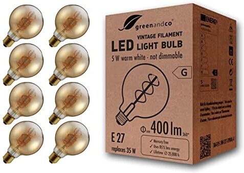 greenandco 8x Lampadina a filamento LED ® Vintage E27 G95 5W (equivalente a 35W) 400lm 2000K (bianco caldo) 360° 230V AC Vetro, nessun sfarfallio, non dimmerabile