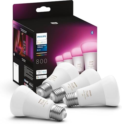 Philips White and Color Ambiance Lampadina Smart LED, Attacco E27, Luce Bianca o Colorata, 6.5W, 4 Pezzi