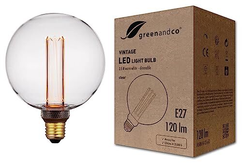 greenandco ® lampadina a LED dimmerabile di design vintage in stile retrò E27 G125 3,5W 120lm 1800K 320° 230V, claro, nessun sfarfallio