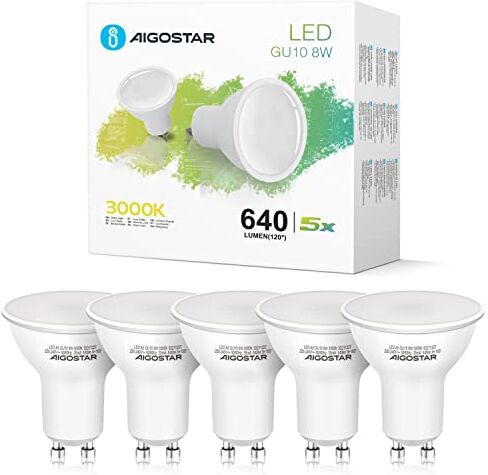 Aigostar Lampadina LED GU10 8W, Luce Bianca Calda 3000K 640 Lumen, Angolo a Fascio 100-120 Gradi, Nessun Sfarfallio, Pacco da 5