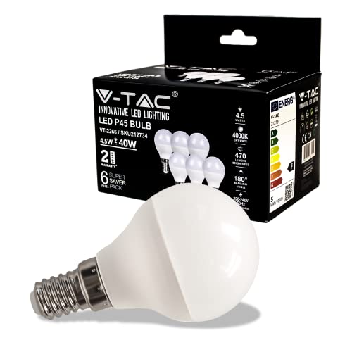 V-TAC Lampadina LED con Attacco E14 4,5W P45 470 Lumen, Lampadina LED Massima Efficienza e Risparmio Energetico, Luce 4000K Bianca Naturale (Box 6 Pezzi),