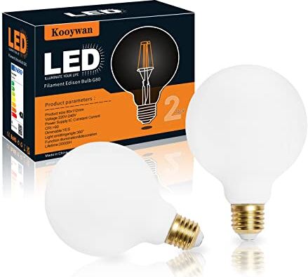 Kooywan Lampadina LED bianca opaca Globe II G80-8W E27 2500K dimmerabile 2 unità