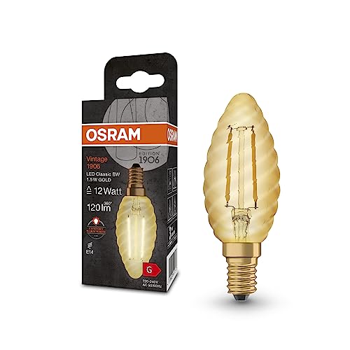 OSRAM Lampada LED Vintage 1906 Classic BW FIL, E14, tortiglione, oro, 1.5W, 120lm, 2400K, luce bianca molto calda, filamento magnetico, basso consumo energetico, lunga durata