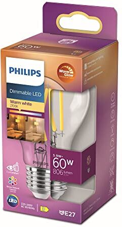 Lampadina LED Philips Luce bianca calda E27 60 W Trasparente Dimmerabile Risparmio energetico Lampadina a filamento