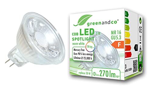 greenandco Faretto a LED IRC 90+ MR16 GU5.3, 3W 270lm 2700K (bianco caldo) COB LED 38° 12V AC/DC, non dimmerabile