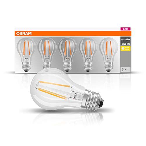 Osram LED Base Classic A Lampada, Attacco: E27, Bianco Caldo, 2700 Kelvin, 7 W, Ricambio per Lampadina da 60 W, Trasparente, Confezione da 5