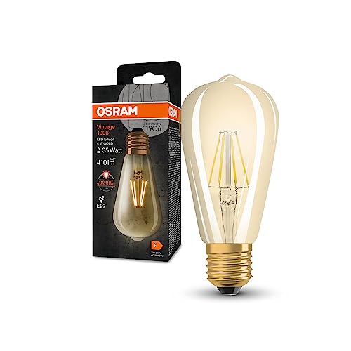 Osram Lampada LED Vintage 1906 Classic Edison FIL, E27, oro, 4W, 410lm, 2400K, luce bianca molto calda, filamento magnetico, basso consumo energetico, lunga durata