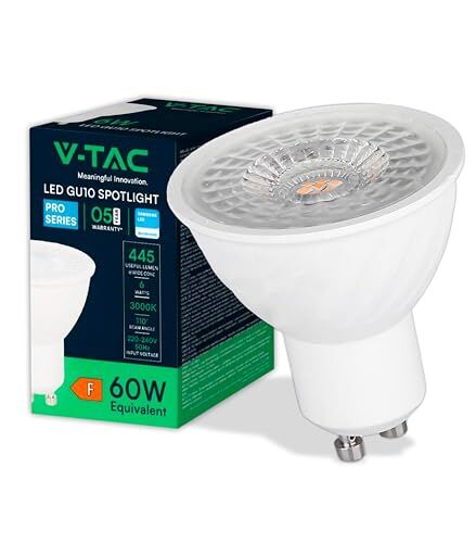 V-TAC Lampadina LED GU10-6W (Equivalenti a 60W) 445 Lumen Alta Luminosità Faretto Led GU10 per Massima Efficienza e Risparmio Energetico Luce Calda 3000K