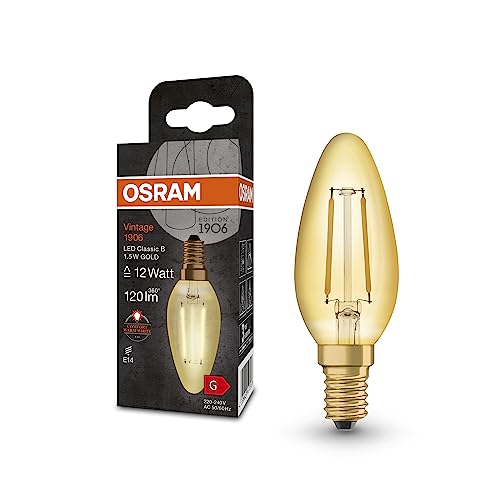OSRAM Lampada LED Vintage 1906 Classic B FIL, E14, candela, oro, 1.5W, 120lm, 2400K, colore della luce comfort bianco caldo, consumo energetico molto basso, lunga durata
