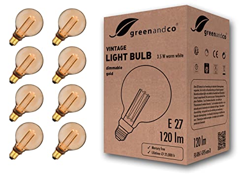 greenandco 8x lampadina a LED dimmerabile di design vintage in stile retrò E27 G95 3,5W 120lm 1800K 320° 230V, ambra, nessun sfarfallio