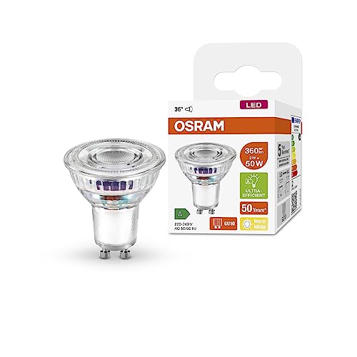 OSRAM Lampada riflettore PAR16 efficienza energetica Classe B, base GU10, sostituzione 50W, 2700k, bianco caldo, in particolare il risparmio di potenza, vetro trasparente, non dimmerabile