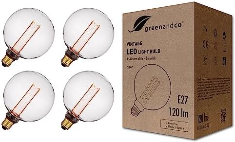 greenandco 4x lampadina a LED dimmerabile di design vintage in stile retrò E27 G125 3,5W 120lm 1800K 320° 230V, claro, nessun sfarfallio