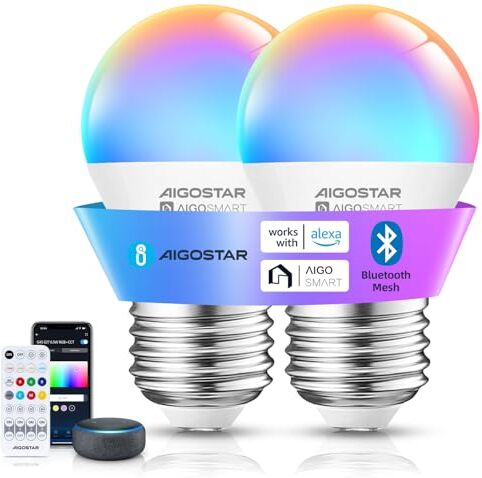 Aigostar Mesh Lampadine Alexa Bluetooth Mesh 6.5W G45, Lampadina Smart Works with Alexa, Lampadina Alexa E27 LED 555LM RGB & 2700K-6500K, 2 Unità (Con Telecomando Bluetooth)