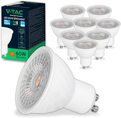 V-TAC 10x Lampadine LED GU10 6W (Equivalenti a 60W) Chip SAMSUNG 445 Lumen Alta Luminosità Faretto Led GU10 per Massima Efficienza e Risparmio Energetico Lampadina Luce Calda 3000K