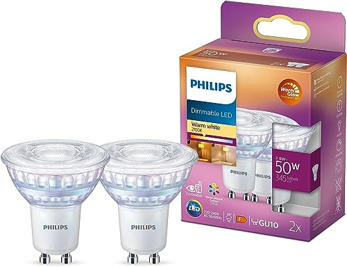 Philips LED Faretto 2 pz, Equivalente a 50W, Attacco GU10, Luce Bianca Calda, Dimmerabile