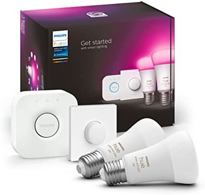 Philips White & Color Ambiance Starter Kit 2 Lampadine Smart, Attacco E27, Luce Bianca e Colorata Dimmerabili, 9W, Hue Bridge e Telecomando Smart Button inclusi, Bluetooth