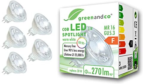 greenandco 5x Faretto a LED IRC 90+ MR16 GU5.3, 3W 270lm 2700K (bianco caldo) COB LED 38° 12V AC/DC, non dimmerabile