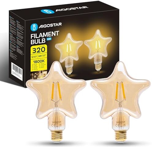 Aigostar Lampadina LED E27 4W, Luce Calda 1800K, 320 Lumen, Decorativa: Stella, Lampadina Vintage Tipo Edison Con Filamento, Colore Ambrato, Non dimmerabile, Confezione da 2 Pezzi