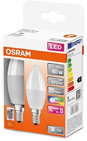 Osram LED STAR+ RGBW lampada LED smerigliata per base E14, i colori RGBW possono essere cambiati dal telecomando, forma di candela, sostituzione di lampadine convenzionali 40W, confezione doppia